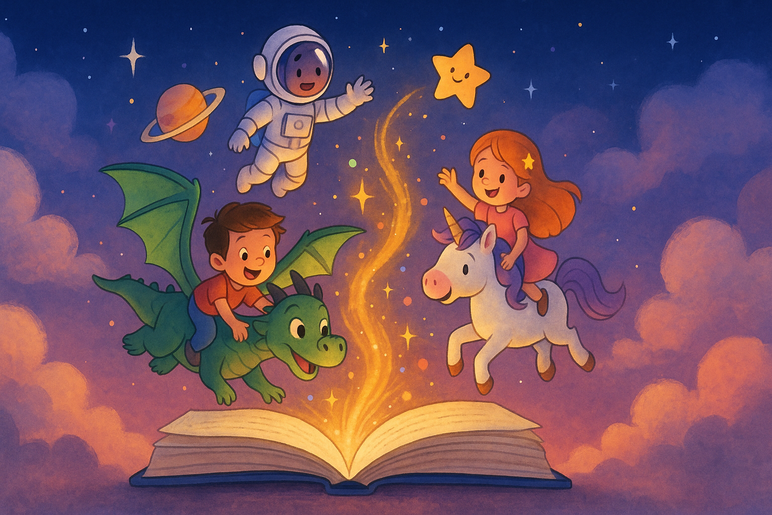 Magical storybook with children riding fantasy creatures